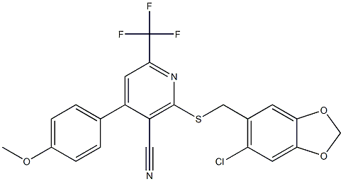 2-{[(6-chloro-1,3-benzodioxol-5-yl)methyl]sulfanyl}-4-(4-methoxyphenyl)-6-(trifluoromethyl)nicotinonitrile Struktur