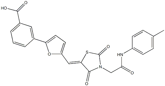 3-[5-({2,4-dioxo-3-[2-oxo-2-(4-toluidino)ethyl]-1,3-thiazolidin-5-ylidene}methyl)-2-furyl]benzoic acid Struktur