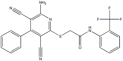 2-[(6-amino-3,5-dicyano-4-phenyl-2-pyridinyl)sulfanyl]-N-[2-(trifluoromethyl)phenyl]acetamide Struktur