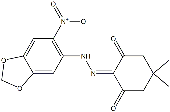 5,5-dimethyl-1,2,3-cyclohexanetrione 2-({6-nitro-1,3-benzodioxol-5-yl}hydrazone) Struktur