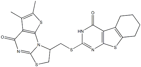 2-{[(2,3-dimethyl-4-oxo-7,8-dihydro-4H-[1,3]thiazolo[3,2-a]thieno[3,2-e]pyrimidin-8-yl)methyl]sulfanyl}-5,6,7,8-tetrahydro[1]benzothieno[2,3-d]pyrimidin-4(3H)-one Struktur