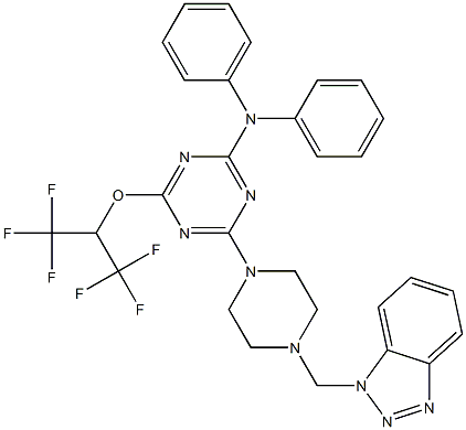 4-[4-(1H-1,2,3-benzotriazol-1-ylmethyl)-1-piperazinyl]-N,N-diphenyl-6-[2,2,2-trifluoro-1-(trifluoromethyl)ethoxy]-1,3,5-triazin-2-amine Struktur