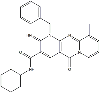 1-benzyl-N-cyclohexyl-2-imino-10-methyl-5-oxo-1,5-dihydro-2H-dipyrido[1,2-a:2,3-d]pyrimidine-3-carboxamide Struktur