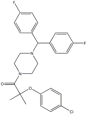 2-{4-[bis(4-fluorophenyl)methyl]-1-piperazinyl}-1,1-dimethyl-2-oxoethyl 4-chlorophenyl ether Struktur