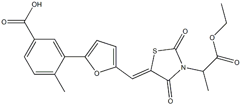 3-(5-{[3-(2-ethoxy-1-methyl-2-oxoethyl)-2,4-dioxo-1,3-thiazolidin-5-ylidene]methyl}-2-furyl)-4-methylbenzoic acid Struktur