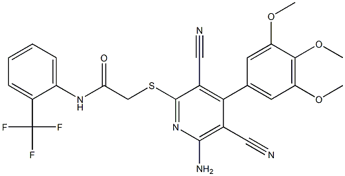 2-{[6-amino-3,5-dicyano-4-(3,4,5-trimethoxyphenyl)-2-pyridinyl]sulfanyl}-N-[2-(trifluoromethyl)phenyl]acetamide Struktur