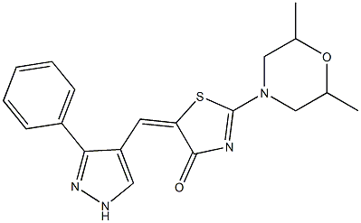 2-(2,6-dimethylmorpholin-4-yl)-5-[(3-phenyl-1H-pyrazol-4-yl)methylene]-1,3-thiazol-4(5H)-one Struktur