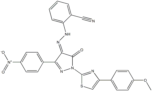 2-{2-[1-[4-(4-methoxyphenyl)-1,3-thiazol-2-yl]-3-(4-nitrophenyl)-5-oxo-1,5-dihydro-4H-pyrazol-4-ylidene]hydrazino}benzonitrile Struktur