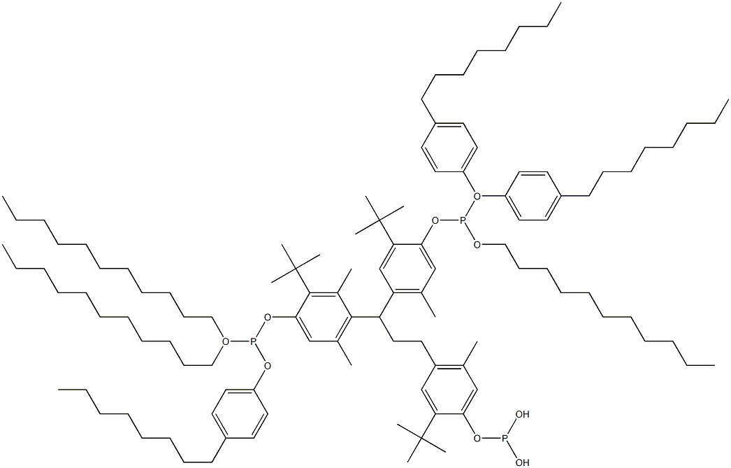 [3-Methyl-1,1,3-propanetriyltris(2-tert-butyl-5-methyl-4,1-phenyleneoxy)]tris(phosphonous acid)O,O',O'-triundecyl O,O'',O''-tris(4-octylphenyl) ester Struktur