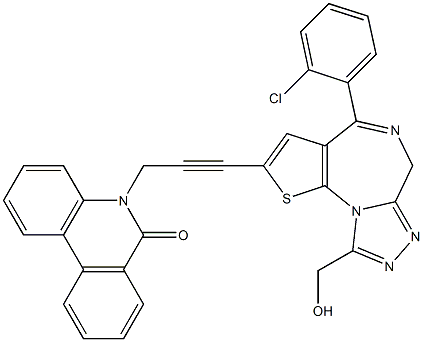 4-(2-Chlorophenyl)-9-hydroxymethyl-2-[3-[(5,6-dihydro-6-oxophenanthridin)-5-yl]-1-propynyl]-6H-thieno[3,2-f][1,2,4]triazolo[4,3-a][1,4]diazepine Struktur