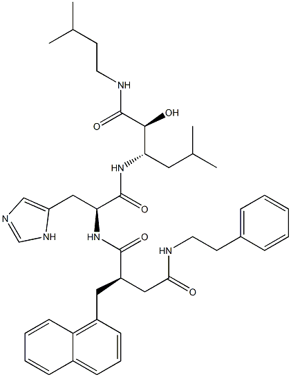 (2S,3S)-N-(3-Methylbutyl)-3-[[N-[(2R)-3-[(phenethylamino)carbonyl]-2-[(naphthalen-1-yl)methyl]propionyl]-L-histidyl]amino]-5-methyl-2-hydroxyhexanamide Struktur