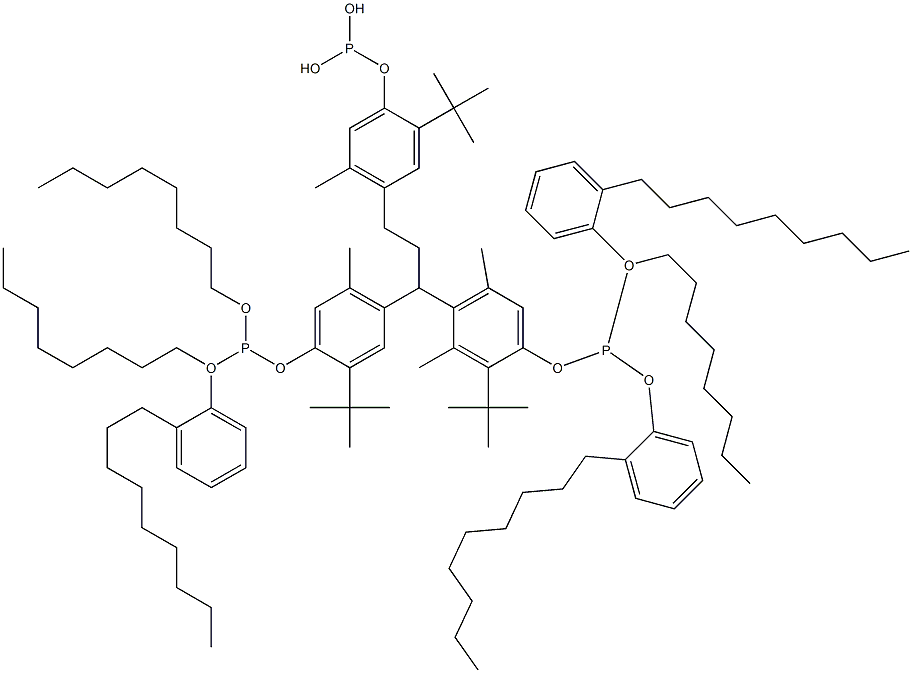 [3-Methyl-1,1,3-propanetriyltris(2-tert-butyl-5-methyl-4,1-phenyleneoxy)]tris(phosphonous acid)O,O',O''-trioctyl O,O',O''-tris(2-nonylphenyl) ester Struktur