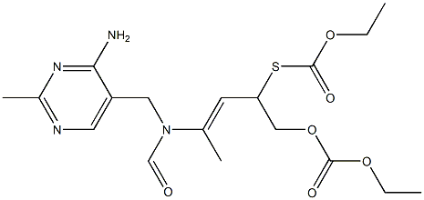 4-Amino-5-[N-(4-ethoxycarbonyloxy-3-ethoxycarbonylthio-1-methyl-1-butenyl)-N-formylaminomethyl]-2-methylpyrimidine Struktur