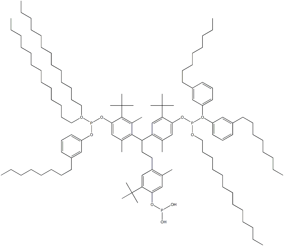 [3-Methyl-1,1,3-propanetriyltris(2-tert-butyl-5-methyl-4,1-phenyleneoxy)]tris(phosphonous acid)O,O',O'-tritridecyl O,O'',O''-tris(3-octylphenyl) ester Struktur