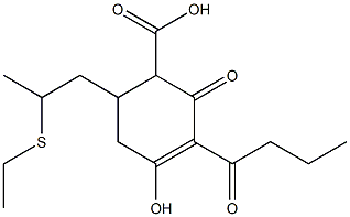 3-Butyryl-6-(2-ethylthiopropyl)-4-hydroxy-2-oxo-3-cyclohexene-1-carboxylic acid Struktur