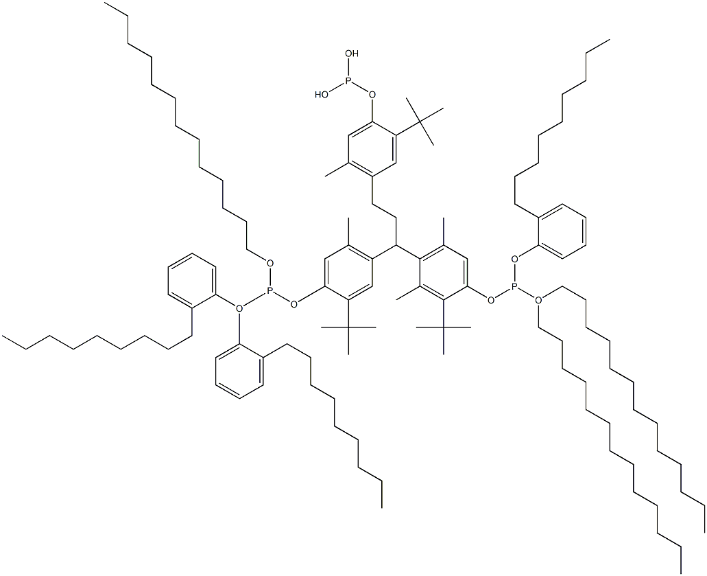 [3-Methyl-1,1,3-propanetriyltris(2-tert-butyl-5-methyl-4,1-phenyleneoxy)]tris(phosphonous acid)O,O',O'-tritridecyl O,O'',O''-tris(2-nonylphenyl) ester Struktur