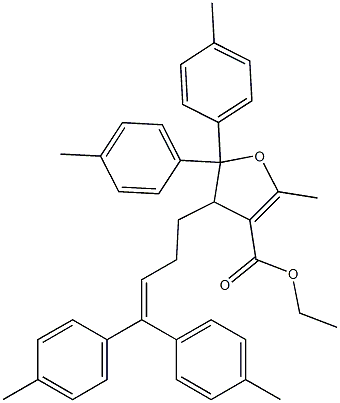 4,5-Dihydro-2-methyl-5,5-bis(4-methylphenyl)-4-[4,4-bis(4-methylphenyl)-3-butenyl]furan-3-carboxylic acid ethyl ester Struktur