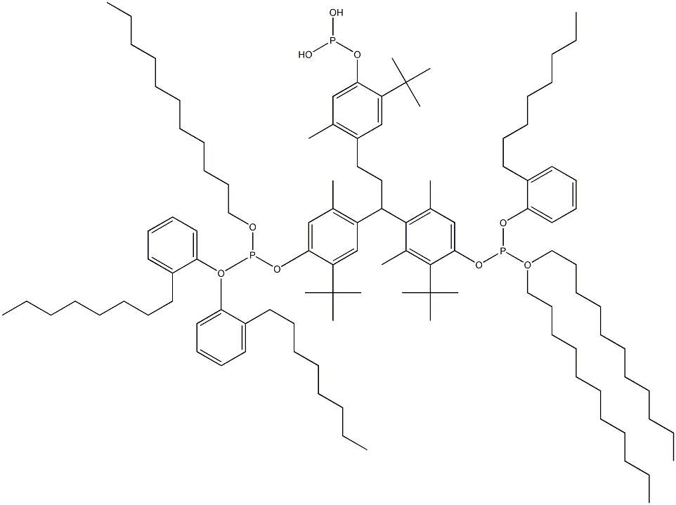 [3-Methyl-1,1,3-propanetriyltris(2-tert-butyl-5-methyl-4,1-phenyleneoxy)]tris(phosphonous acid)O,O',O'-triundecyl O,O'',O''-tris(2-octylphenyl) ester Struktur