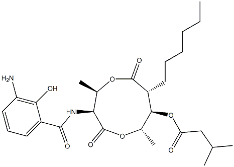 3-Methylbutanoic acid (3S,4R,7R,8R,9S)-3-[(3-amino-2-hydroxybenzoyl)amino]-4,9-dimethyl-2,6-dioxo-7-hexyl-1,5-dioxonan-8-yl ester Struktur