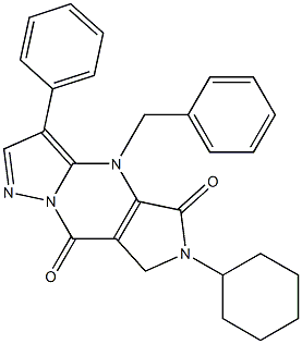 6-Cyclohexyl-6,7-dihydro-4-benzyl-3-phenyl-4H-1,4,6,8a-tetraaza-s-indacene-5,8-dione Struktur