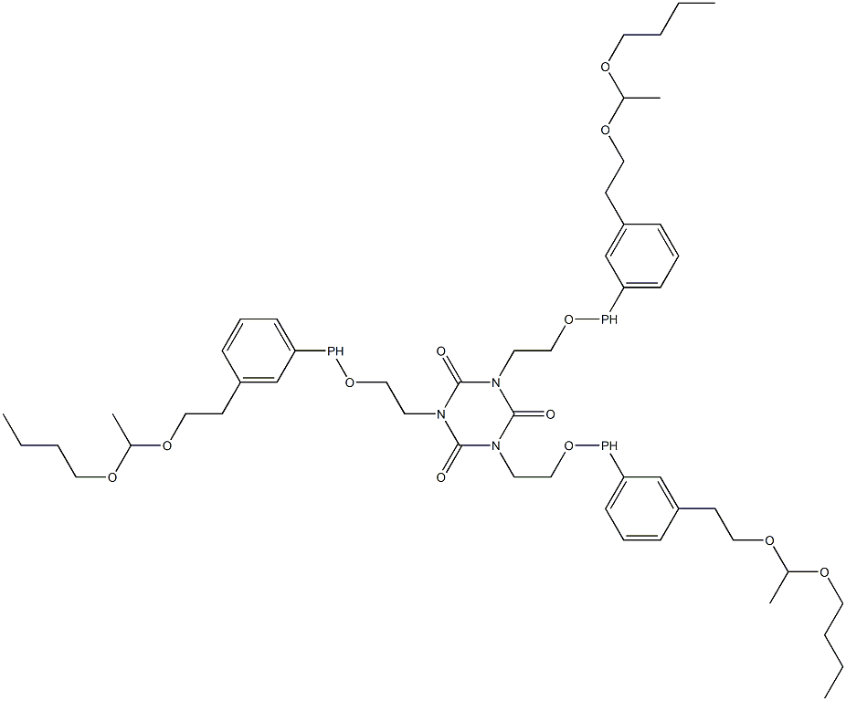 1,3,5-Tris[2-[3-[2-[(1-butoxyethyl)oxy]ethyl]phenylphosphinooxy]ethyl]-1,3,5-triazine-2,4,6(1H,3H,5H)-trione Struktur