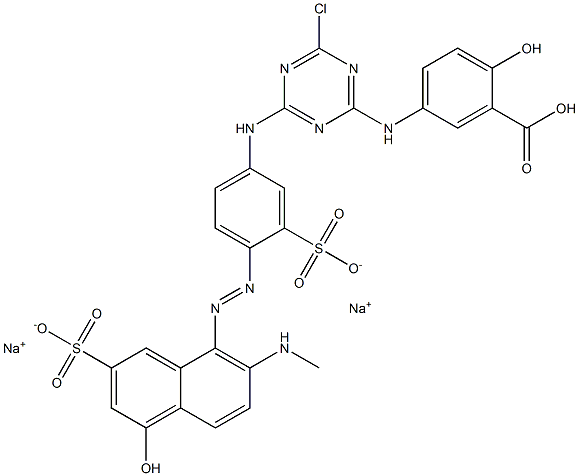 8-[4-[[4-[[3-(Hydroxycarbonyl)-4-hydroxyphenyl]amino]-6-chloro-1,3,5-triazine-2-yl]amino]-2-sulfophenylazo]-4-hydroxy-7-(methylamino)-2-naphthalenesulfonic acid disodium salt Struktur