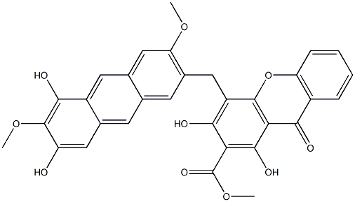 4-[(5,7-Dihydroxy-3,6-dimethoxyanthracen-2-yl)methyl]-1,3-dihydroxy-9-oxo-9H-xanthene-2-carboxylic acid methyl ester Struktur