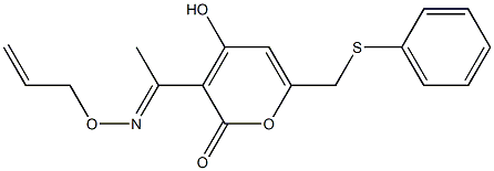 4-Hydroxy-6-phenylthiomethyl-3-(1-(2-propenyl)oxyiminoethyl)-2H-pyran-2-one Struktur