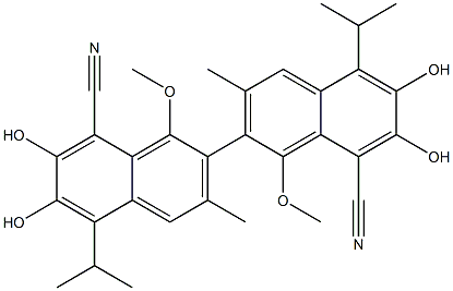 6,6',7,7'-Tetrahydroxy-1,1'-dimethoxy-5,5'-diisopropyl-3,3'-dimethyl-2,2'-binaphthalene-8,8'-dicarbonitrile Struktur