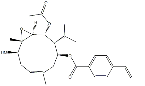 (1S,2R,3R,4S,6E,10S)-6,10-Dimethyl-3-isopropyl-11-oxabicyclo[8.1.0]undec-6-ene-2,4,9-triol 2-acetate 4-trans-cinnamate Struktur