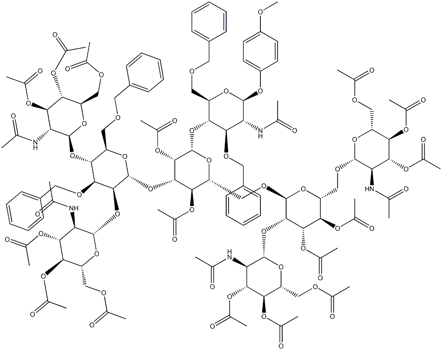 4-Methoxyphenyl 2-acetamido-3,6-di-O-benzyl-4-O-{2,4-di-O-acetyl-3-O-[3,6-di-O-benzyl-2,4-di-O-(3,4,6-tri-O-acetyl-2-acetamido-2-deoxy-b-D-glucopyranosyl)-a-D-mannopyranosyl]-6-O-[3,4-di-O-acetyl-2,6-di-O-(3,4,6-tri-O-acetyl-2-acetamido-2-deoxy-b-D-glucopyranosyl)-a-D-mannopyranosyl]-b-D-mannopyranosyl}-2-deoxy-b-D-glucopyranoside Struktur