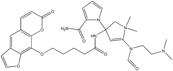 N-(2-(dimethylamino)ethyl)-1-methyl-4-(1-methyl-4-((5-(8-psoralenyloxy)pentanoyl)amino)pyrrole-2-carboxamido)pyrrole-2-carboxamide Struktur