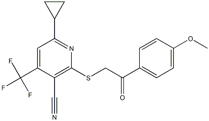 6-cyclopropyl-2-{[2-(4-methoxyphenyl)-2-oxoethyl]sulfanyl}-4-(trifluoromethyl)nicotinonitrile Struktur