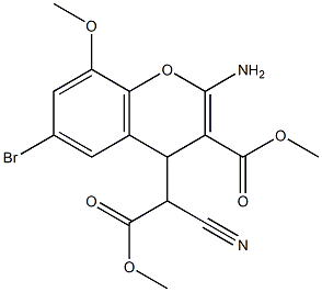 methyl 2-amino-6-bromo-4-(1-cyano-2-methoxy-2-oxoethyl)-8-methoxy-4H-chromene-3-carboxylate Struktur