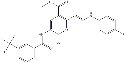 methyl 6-[(E)-2-(4-fluoroanilino)ethenyl]-2-oxo-3-{[3-(trifluoromethyl)benzoyl]amino}-2H-pyran-5-carboxylate Struktur