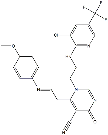 1-(2-{[3-chloro-5-(trifluoromethyl)-2-pyridinyl]amino}ethyl)-6-{2-[(4-methoxyphenyl)imino]ethyl}-4-oxo-1,4-dihydro-5-pyrimidinecarbonitrile Struktur