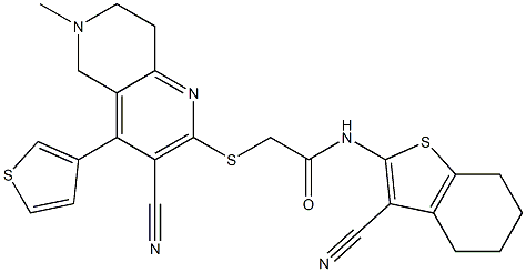 2-{[3-cyano-6-methyl-4-(3-thienyl)-5,6,7,8-tetrahydro[1,6]naphthyridin-2-yl]sulfanyl}-N-(3-cyano-4,5,6,7-tetrahydro-1-benzothiophen-2-yl)acetamide Struktur