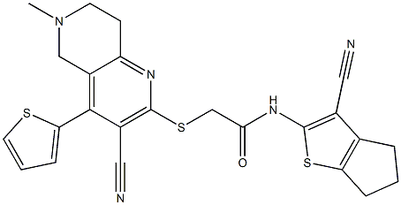 N-(3-cyano-5,6-dihydro-4H-cyclopenta[b]thiophen-2-yl)-2-{[3-cyano-6-methyl-4-(2-thienyl)-5,6,7,8-tetrahydro[1,6]naphthyridin-2-yl]sulfanyl}acetamide Struktur