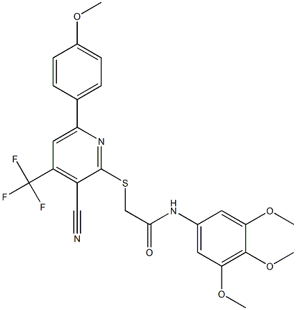 2-{[3-cyano-6-(4-methoxyphenyl)-4-(trifluoromethyl)-2-pyridinyl]sulfanyl}-N-(3,4,5-trimethoxyphenyl)acetamide Struktur