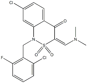 7-chloro-1-(2-chloro-6-fluorobenzyl)-3-[(dimethylamino)methylidene]-1,2,3,4-tetrahydro-2lambda~6~,1-benzothiazine-2,2,4-trione Struktur