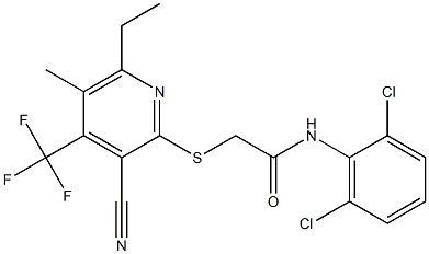 2-{[3-cyano-6-ethyl-5-methyl-4-(trifluoromethyl)-2-pyridinyl]sulfanyl}-N-(2,6-dichlorophenyl)acetamide Struktur