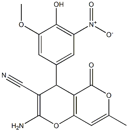 2-amino-4-(4-hydroxy-3-methoxy-5-nitrophenyl)-7-methyl-5-oxo-4H,5H-pyrano[4,3-b]pyran-3-carbonitrile Struktur