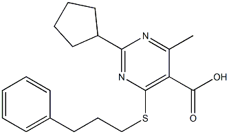 2-cyclopentyl-4-methyl-6-[(3-phenylpropyl)thio]pyrimidine-5-carboxylic acid Struktur