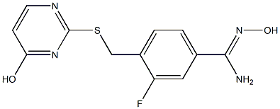 3-fluoro-N'-hydroxy-4-{[(4-hydroxypyrimidin-2-yl)sulfanyl]methyl}benzene-1-carboximidamide Struktur