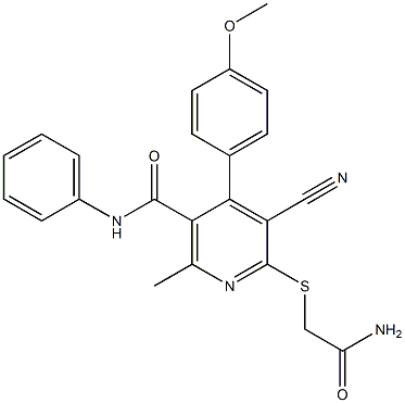 6-[(2-amino-2-oxoethyl)sulfanyl]-5-cyano-4-(4-methoxyphenyl)-2-methyl-N-phenylnicotinamide Struktur