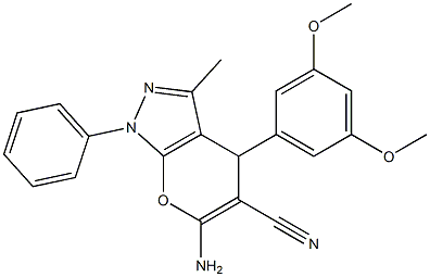 6-amino-4-[3,5-bis(methyloxy)phenyl]-3-methyl-1-phenyl-1,4-dihydropyrano[2,3-c]pyrazole-5-carbonitrile Struktur