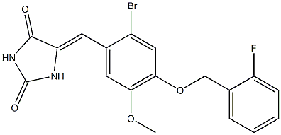 5-{2-bromo-4-[(2-fluorobenzyl)oxy]-5-methoxybenzylidene}-2,4-imidazolidinedione Struktur