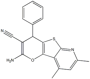 2-amino-7,9-dimethyl-4-phenyl-4H-pyrano[2',3':4,5]thieno[2,3-b]pyridine-3-carbonitrile Struktur