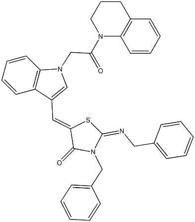 3-benzyl-2-(benzylimino)-5-({1-[2-(3,4-dihydro-1(2H)-quinolinyl)-2-oxoethyl]-1H-indol-3-yl}methylene)-1,3-thiazolidin-4-one Struktur