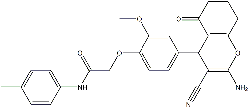 2-[4-(2-amino-3-cyano-5-oxo-5,6,7,8-tetrahydro-4H-chromen-4-yl)-2-methoxyphenoxy]-N-(4-methylphenyl)acetamide Struktur